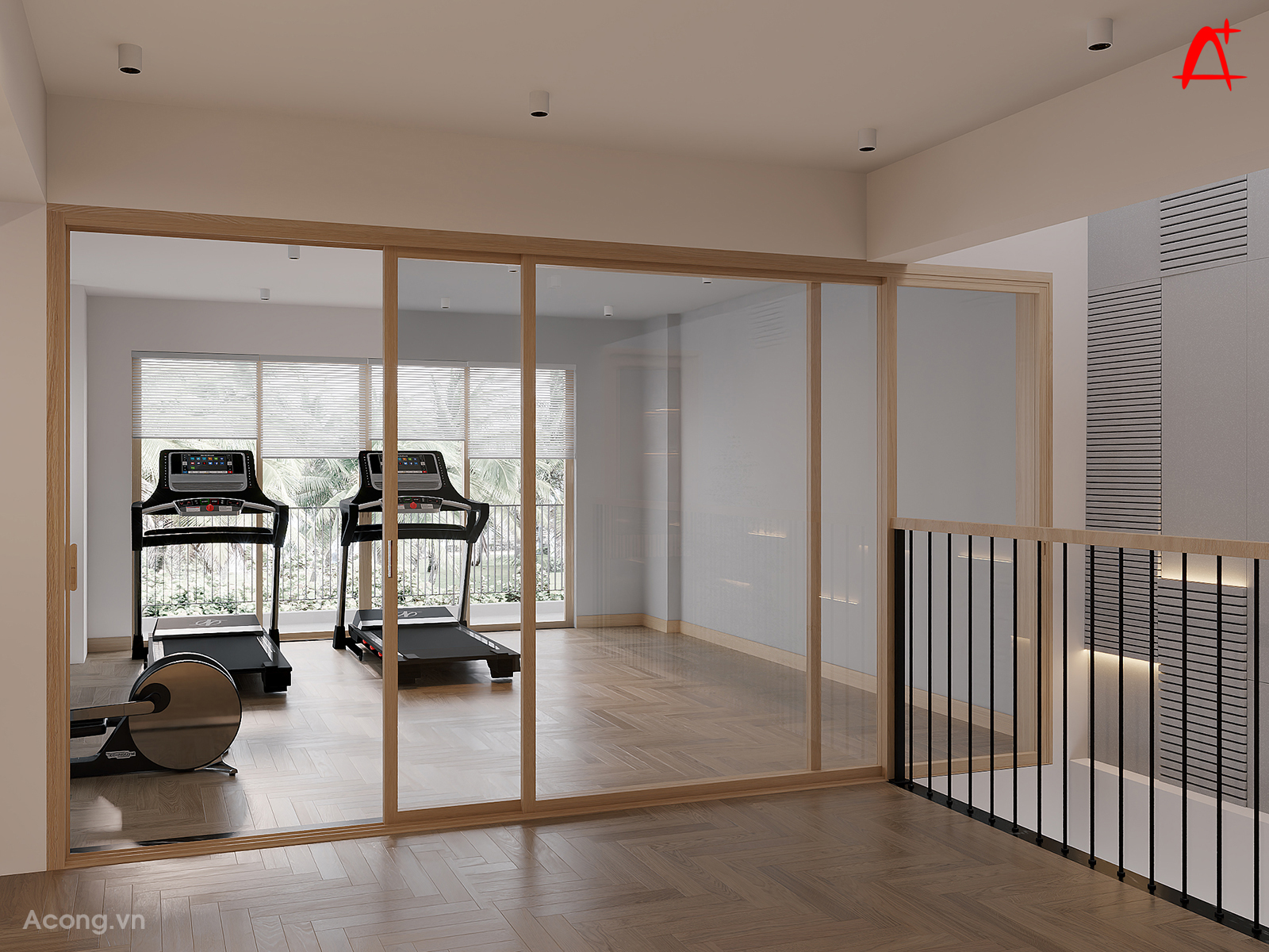 Phòng tập bố trí máy chạy và xe đạp, không gian rộng, thoáng, phù hợp luyện tập hàng ngày.